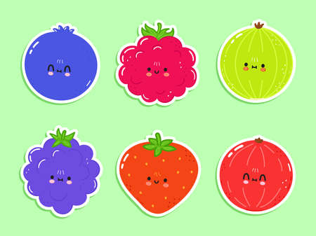 Cute happy berries icons set. Vector hand drawn trendy cartoon character illustration. Set of berries for a postcard, concept of a set of labelのイラスト素材