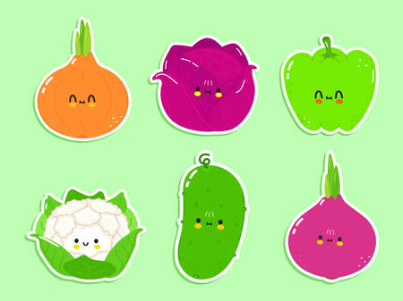Cute happy vegetables icons set. Vector hand drawn trendy cartoon character illustration. Set of vegetables for postcard, print, label set conceptのイラスト素材