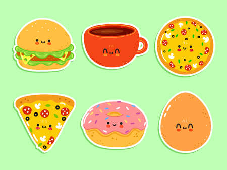 Cute happy fastfood icons set. Vector hand drawn trendy cartoon character illustration. Set of fastfood for postcard, print, label set conceptのイラスト素材