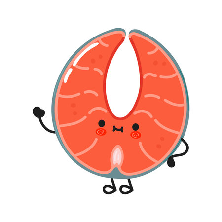 Cute funny red fish salmon waving hand character. Vector hand drawn cartoon kawaii illustration icon. Isolated on white background. Red fish salmon character conceptのイラスト素材