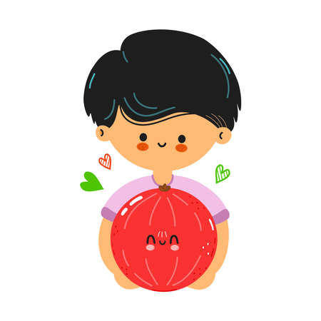 Young cute funny boy hold red currants in hand. Young man hugs cute red currants. Vector hand drawn doodle style cartoon illustration icon design. Isolated on white backgroundのイラスト素材