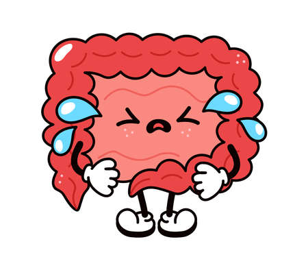 Cute funny crying sad intestines character. Vector hand drawn traditional cartoon vintage, retro, kawaii character illustration icon. isolated on white background. Crying intestines character conceptのイラスト素材