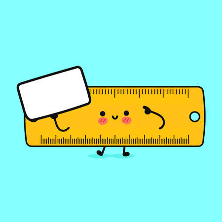 Cute funny ruler with poster. Vector hand drawn cartoon kawaii character illustration icon. Isolated on blue background. Happy ruler think conceptのイラスト素材