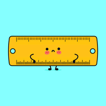 Cute sad ruler character. Vector hand drawn cartoon kawaii character illustration icon. Isolated on blue background. Happy ruler character conceptのイラスト素材