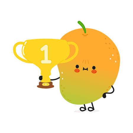 Cute funny mango hold gold trophy cup character. Vector hand drawn cartoon kawaii character illustration icon. Isolated on white background. Happy mango with winner trophy cupのイラスト素材