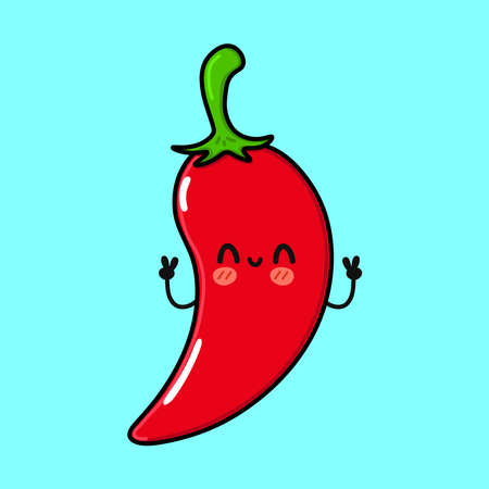 Cute funny chili pepper character. Vector hand drawn cartoon kawaii character illustration icon. Isolated on blue background. Happy chili pepper character conceptのイラスト素材