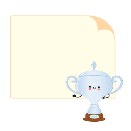Cute funny silver trophy cup character with speech bubble. Vector hand drawn cartoon kawaii character illustration icon. isolated on white background. Happy silver trophy cup character conceptのイラスト素材