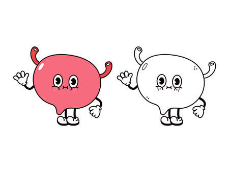 Cute funny bladder waving hand character. Vector hand drawn traditional cartoon vintage, retro, kawaii character illustration icon. Happy bladder outline cartoon illustration for coloring bookのイラスト素材