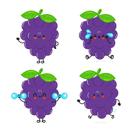 Funny cute happy grape characters bundle set. Vector hand drawn doodle style cartoon character illustration icon design. Cute grape mascot character collectionのイラスト素材