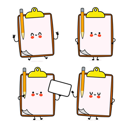 Funny cute happy clip board characters bundle set. Vector hand drawn doodle style cartoon character illustration icon design. isolated on white background. Happy clip board mascot character collectionのイラスト素材