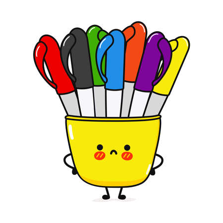 Cute sad multi-colored pens character. Vector hand drawn cartoon kawaii character illustration icon. isolated on white background. Angry multi-colored pens character conceptのイラスト素材