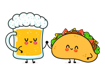Cute, funny happy glass of beer and taco. Vector hand drawn cartoon kawaii characters, illustration icon. Funny happy cartoon glass of beer and taco mascot friends conceptのイラスト素材