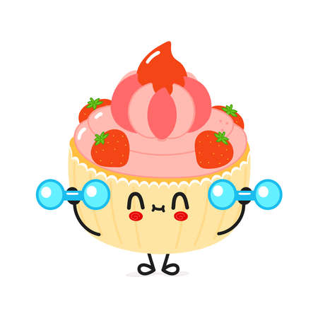 Cute funny cake character with dumbbells. Vector hand drawn cartoon kawaii character illustration icon. Isolated on white background. Happy cupcake character gym conceptのイラスト素材