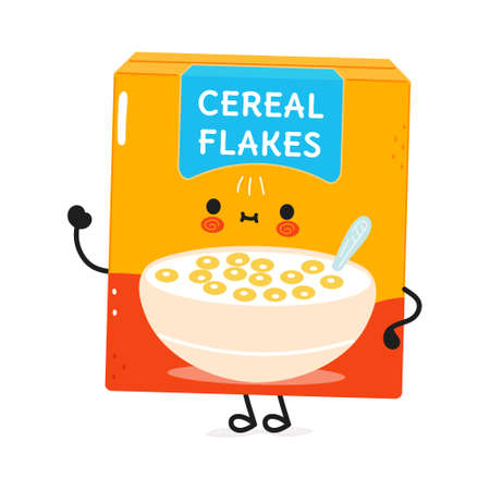 Cute funny cereal flakes waving hand character. Vector hand drawn cartoon kawaii character illustration icon. Isolated on white background. Happy cereal flakes character conceptのイラスト素材