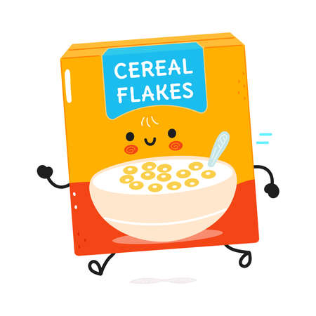 Cute funny running cereal flakes. Vector hand drawn cartoon kawaii character illustration icon. Isolated on white background. Run happy cereal flakes conceptのイラスト素材