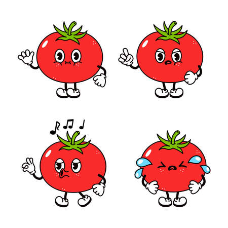 Funny happy tomato characters bundle set. Vector hand drawn doodle style traditional cartoon vintage, retro character illustration icon design. Isolated white background. Cute tomato mascot characterのイラスト素材