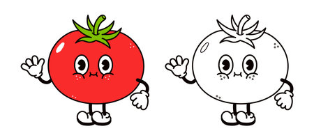Cute funny tomato waving hand character outline cartoon illustration for coloring book. Vector hand drawn traditional cartoon vintage, retro, kawaii character illustration icon. Isolated on white background. Happy tomato character conceptのイラスト素材