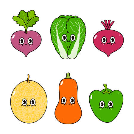 Funny cute happy vegetables characters bundle set. Vector hand drawn cartoon character illustration icon. Cute happy radish, chinese cabbage, beet, pumpkin, melon, pepperのイラスト素材