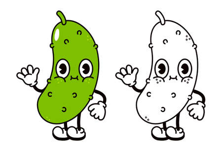 Cute funny cucumber waving hand character outline cartoon illustration coloring book. Vector ginger hand drawn traditional cartoon vintage, retro, kawaii character illustration icon. Happy cucumberのイラスト素材