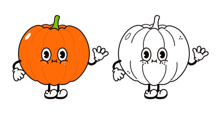 Cute funny pumpkin waving hand character outline cartoon illustration coloring book. Vector hand drawn traditional cartoon vintage, retro, kawaii character illustration icon. Isolated white backgroundのイラスト素材