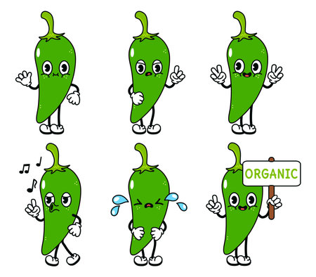 Funny cute green chili pepper character set. Vector hand drawn doodle style traditional cartoon vintage, retro character illustration icon design. Isolated white background. Cute chili pepper mascotのイラスト素材