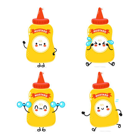 Funny cute mustard characters bundle set. Vector hand drawn doodle style cartoon character illustration icon design. Cute happy mustard mascot character collectionのイラスト素材