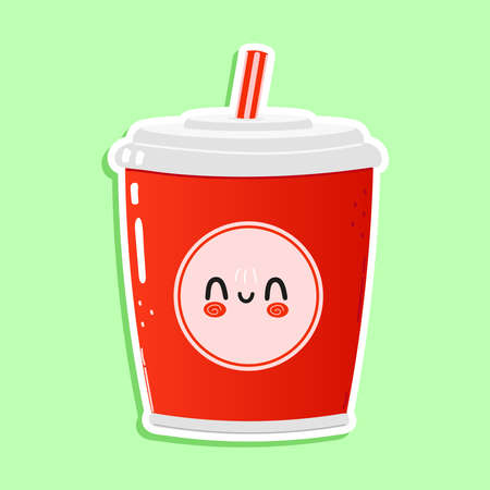 Cute funny red plastic cup cold drink straw sticker character. Vector hand drawn cartoon kawaii character illustration icon.のイラスト素材