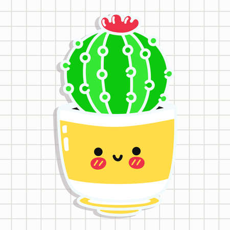 Funny cute happy cactus characters sticker. Vector kawaii line cartoon style illustration. Happy cute cactus stickerのイラスト素材