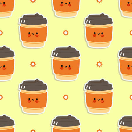 Funny cute happy coffee paper cup pattern characters. Vector kawaii line cartoon style illustration. Happy cute coffee paper cup patternのイラスト素材