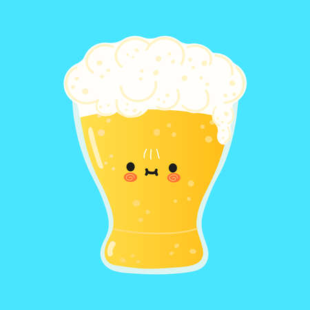 Cute funny glass of beer character. Vector hand drawn cartoon kawaii character illustration icon. Isolated on blue background. Happy glass of beer character conceptのイラスト素材