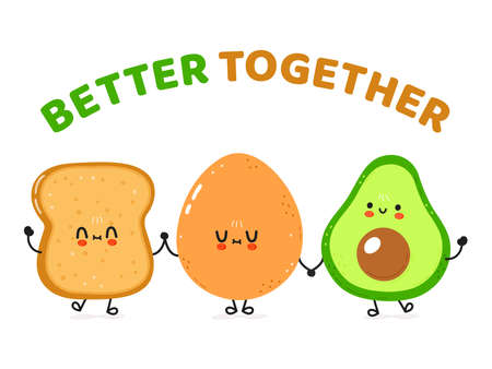 Cute happy toast, avocado and egg card. Vector hand drawn doodle style cartoon character illustration icon design. Happy cute bread avocado and egg friends concept cardのイラスト素材