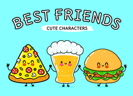 Cute, funny happy glass of beer, pizza and hamburger. Vector hand drawn cartoon kawaii characters, illustration icon. Funny happy cartoon glass of beer, pizza and hamburger mascot friends conceptのイラスト素材