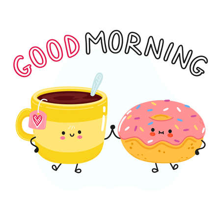 Cute happy fried egg and coffee cup. Vector cartoon character illustration. Good morning cardのイラスト素材