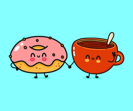 Cute, funny happy cup of coffee and pink donut character. Vector hand drawn cartoon kawaii characters, illustration icon. Funny cartoon cup of coffee and pink donut friends conceptのイラスト素材