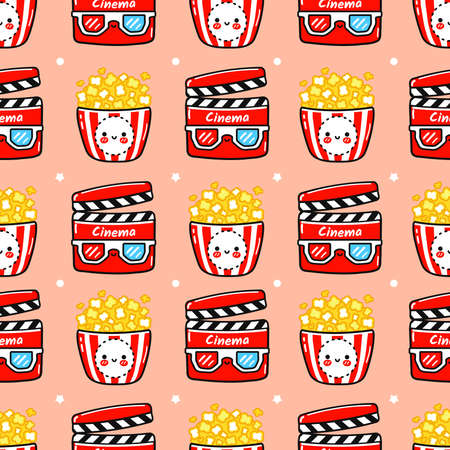 Funny cute happy popcorn and movie clapper pattern characters. Vector kawaii line cartoon style illustration. Happy cute popcorn and movie clapper patternのイラスト素材