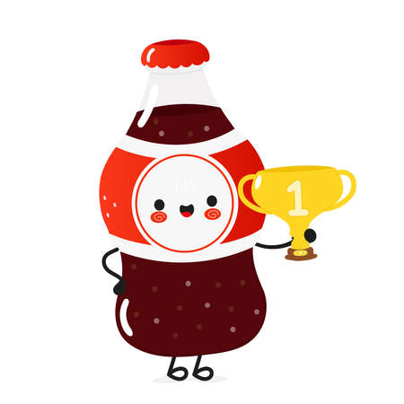 Cute funny bottle cold drink cola gold trophy cup. Vector hand drawn cartoon kawaii illustration icon. Isolated background. Bottle cold drink cola winner trophy cupのイラスト素材