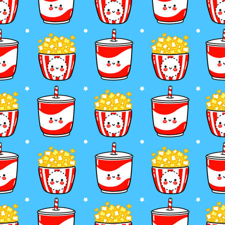 Funny cute happy popcorn and cold drink pattern characters. Vector kawaii line cartoon style illustration. Happy cute popcorn and cold drink patternのイラスト素材