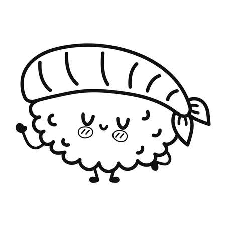 Funny cute happy Sushi characters. Vector hand drawn cartoon kawaii character illustration icon. Isolated on white background. Sushi mascot character collection. Outline cartoon illustration for coloring bookのイラスト素材