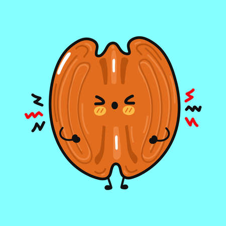 Cute sad Pecan character. Vector hand drawn cartoon kawaii character illustration icon. Isolated on green background. Angry cute Pecan character conceptのイラスト素材