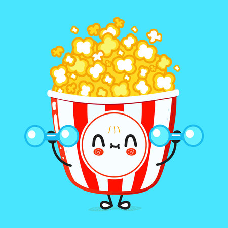 Cute funny popcorn character with dumbbells. Vector hand drawn cartoon kawaii character illustration icon. Isolated on blue background. Happy popcorn character gym conceptのイラスト素材