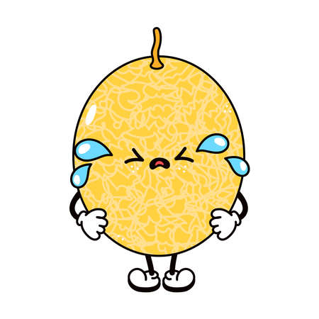 Cute funny crying sad melon character. Vector hand drawn traditional cartoon vintage, retro, kawaii character illustration icon. Isolated on white background. Cry melon character conceptのイラスト素材