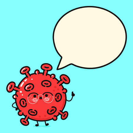 Cute funny virus with speech bubble. Vector hand drawn cartoon kawaii character illustration icon. Isolated on white background. Happy virus character conceptのイラスト素材