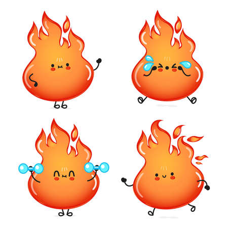 Funny cute happy fire characters bundle set. Vector hand drawn doodle style cartoon character illustration icon design. Cute happy fire mascot character collectionのイラスト素材