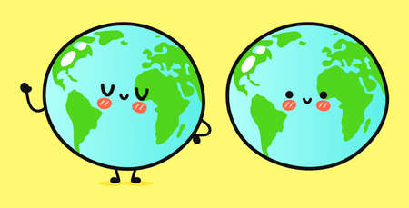 Cute funny planet Earth waving hand. Vector hand drawn cartoon kawaii character illustration icon. Isolated on yellow background. happy planet earth character conceptのイラスト素材