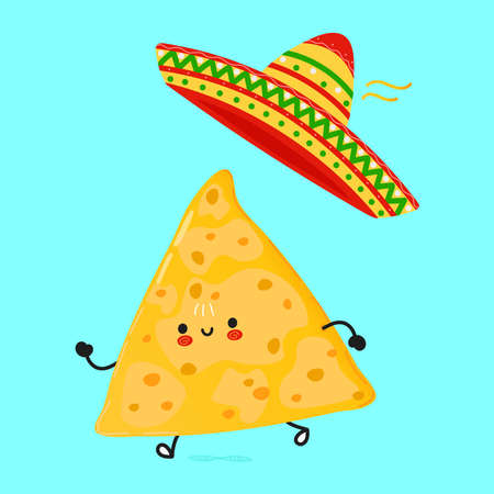 Cute funny running nachos. Vector hand drawn cartoon kawaii character illustration icon. Isolated on blue background. Run happy nacho conceptのイラスト素材