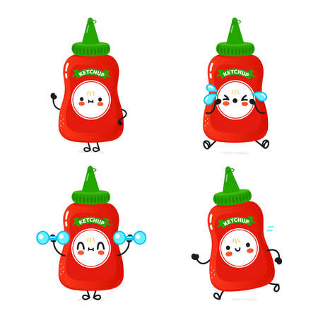 Funny cute happy ketchup characters bundle set. Vector hand drawn doodle style cartoon character illustration icon design. Cute happy ketchup mascot character collectionのイラスト素材