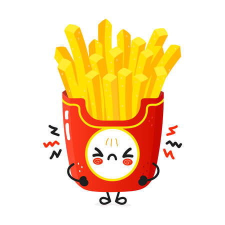 Cute angry french fries character. Vector hand drawn cartoon kawaii character illustration icon. Isolated on white background. Sad french fries character conceptのイラスト素材