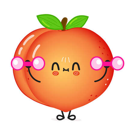 Cute funny peach character with dumbbells. Vector hand drawn cartoon kawaii character illustration icon. isolated on white background. happy peach character gym conceptのイラスト素材