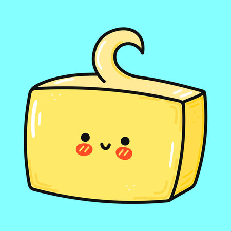 Cute funny butter. Vector hand drawn cartoon kawaii character illustration icon. Isolated on blue background. happy butter character conceptのイラスト素材