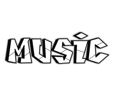 Music word trippy psychedelic graffiti style letters.Vector hand drawn doodle cartoon logo illustration.Funny cool trippy letters, fashion, graffiti style print for t-shirt, posterのイラスト素材